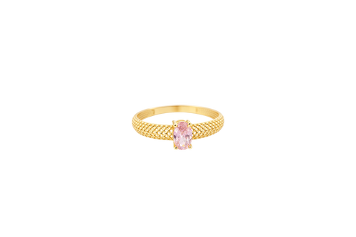 14KT Gold Ring Women's Pink Oval Center CZ Honeycomb Cutout Band