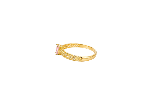 14KT Gold Ring Women's Pink Oval Center CZ Honeycomb Cutout Band