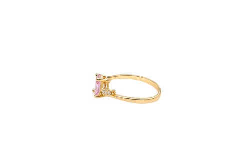 14KT Gold Ring Women's Pink Oval Center CZ Stone with 3 High/Low Round White CZ Stones Shoulders and Plain Band