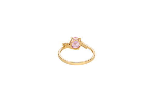14KT Gold Ring Women's Pink Oval Center CZ Stone with 3 High/Low Round White CZ Stones Shoulders and Plain Band