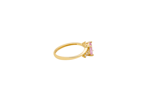 14KT Gold Ring Women's Pink Oval Center CZ Stone with 3 High/Low Round White CZ Stones Shoulders and Plain Band