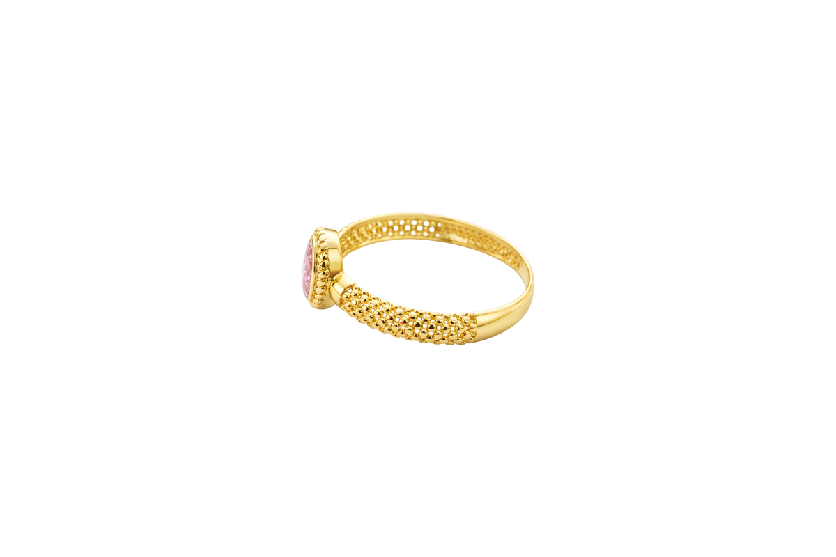 14KT Gold Ring Women's Oval Pink Center Stone with Rope Border Plain Diamond Cut Band