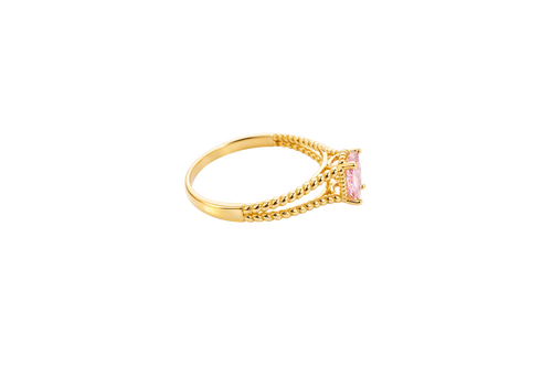 14KT Gold Ring Women's Oval Pink Center Stone with Rope Halo and Rope Split Band