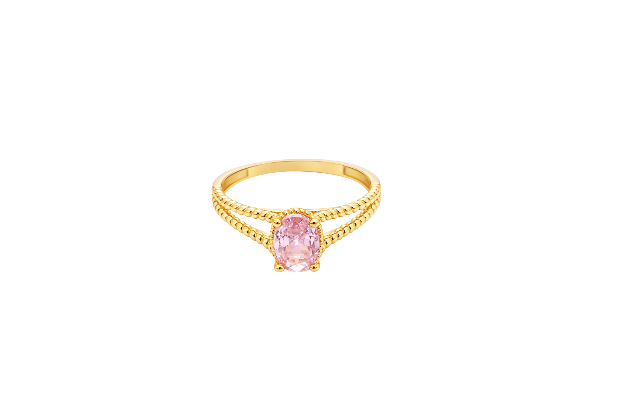 14KT Gold Ring Women's Oval Pink Center Stone with Rope Halo and Rope Split Band