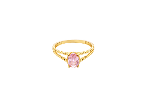 14KT Gold Ring Women's Oval Pink Center Stone with Rope Halo and Rope Split Band
