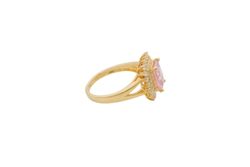 14KT Gold Ring Women's Rectangle Pink CZ Center with Round Double White CZ Stones Border and Plain Split Band