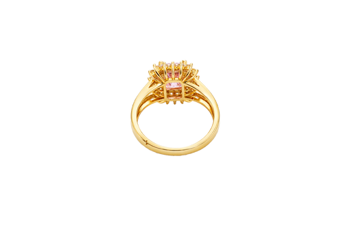 14KT Gold Ring Women's Rectangle Pink CZ Center with Round Double White CZ Stones Border and Plain Split Band