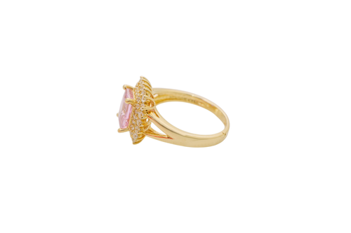 14KT Gold Ring Women's Rectangle Pink CZ Center with Round Double White CZ Stones Border and Plain Split Band