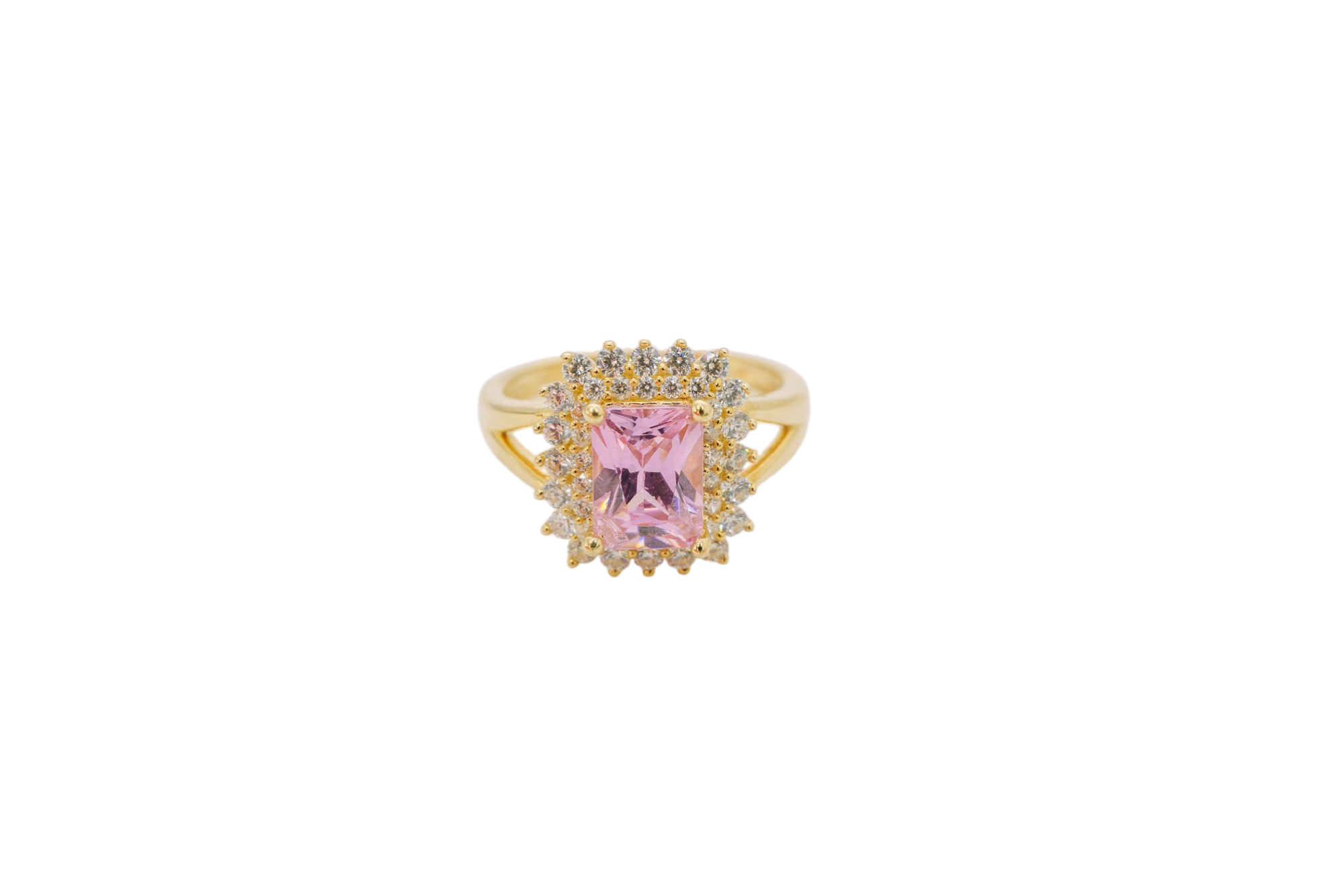 14KT Gold Ring Women's Rectangle Pink CZ Center with Round Double White CZ Stones Border and Plain Split Band