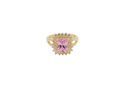 14KT Gold Ring Women's Rectangle Pink CZ Center with Round Double White CZ Stones Border and Plain Split Band