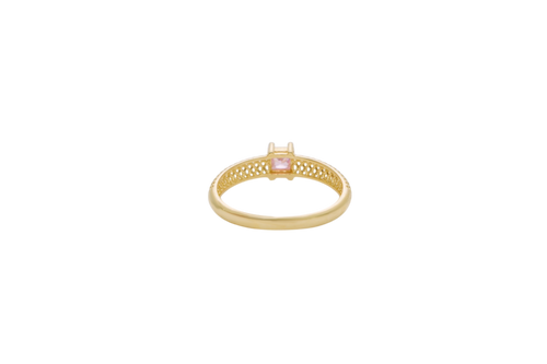 14KT Gold Ring Women's Pink Square Center CZ Honeycomb Cutout Band