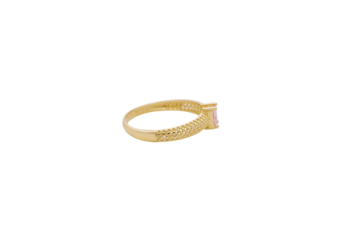 14KT Gold Ring Women's Pink Square Center CZ Honeycomb Cutout Band