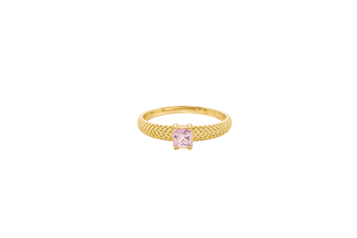 14KT Gold Ring Women's Pink Square Center CZ Honeycomb Cutout Band