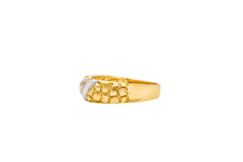 14KT Gold Ring Women's Two Tone Nugget Band with Two Rows of Three White CZ Stone Plain Border