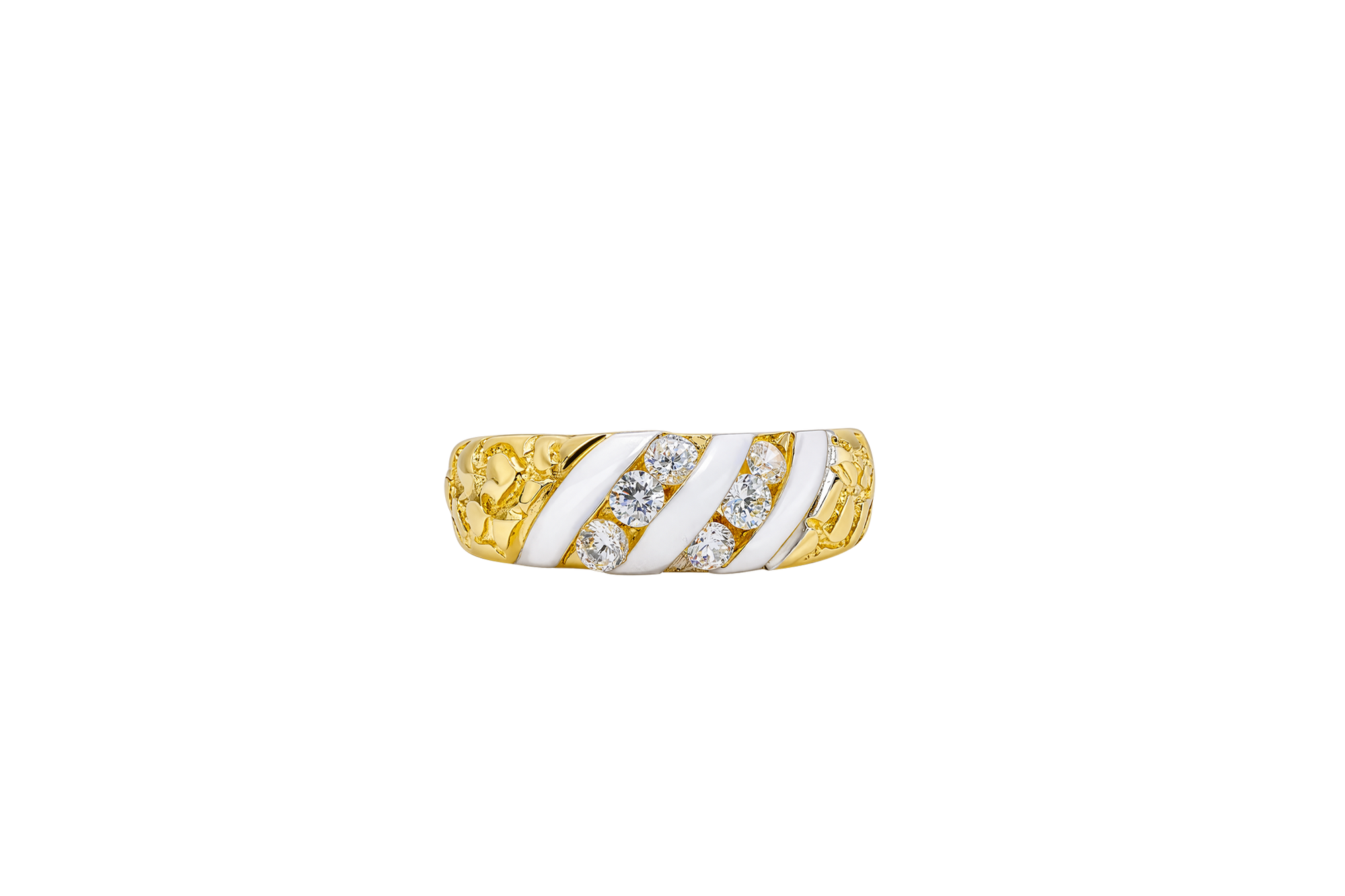 14KT Gold Ring Women's Two Tone Nugget Band with Two Rows of Three White CZ Stone Plain Border