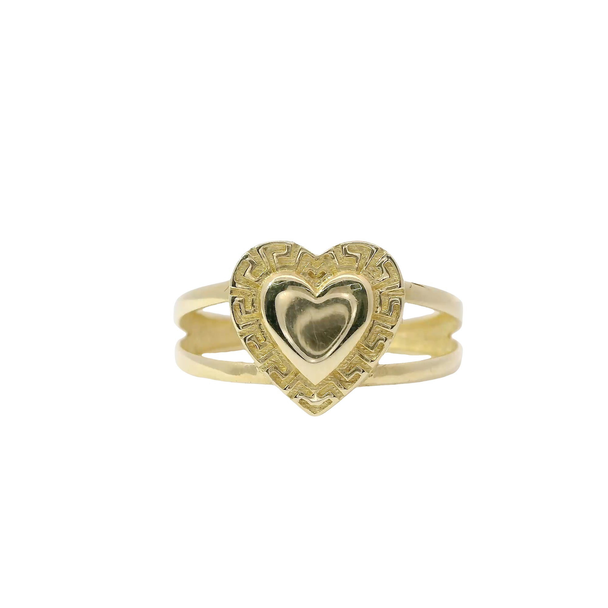 14KT Gold Ring Women's Plain Puff Heart with Greek Border and Plain Split Band