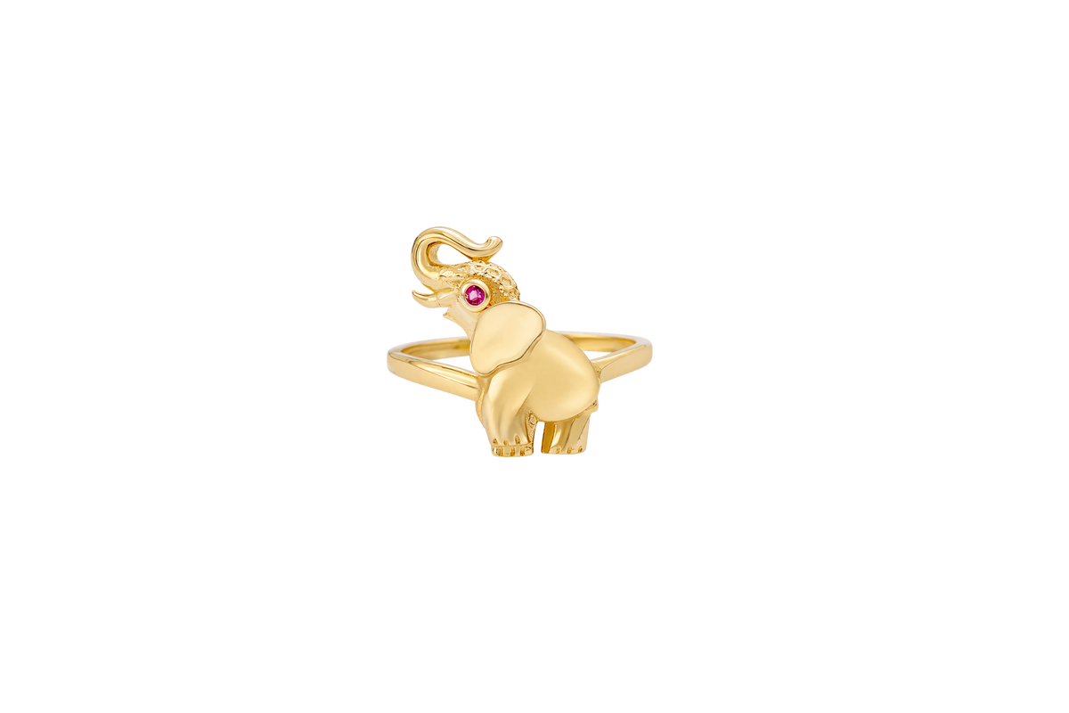 14KT Gold Ring Women's Plain Left Facing Red Eye Elephant with Tusks Up Plain Band