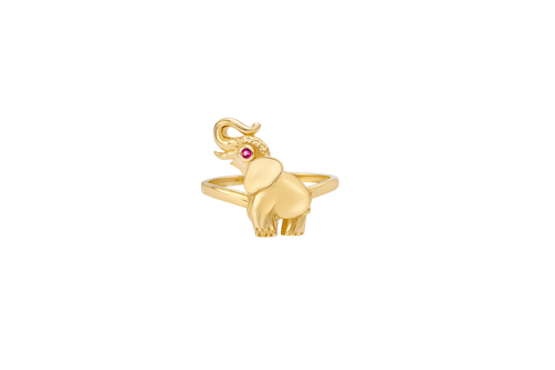 14KT Gold Ring Women's Plain Left Facing Red Eye Elephant with Tusks Up Plain Band