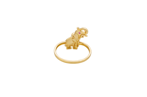 14KT Gold Ring Women's Plain Left Facing Red Eye Elephant with Tusks Up Plain Band