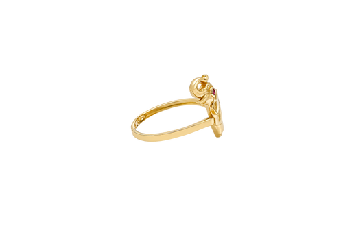 14KT Gold Ring Women's Plain Left Facing Red Eye Elephant with Tusks Up Plain Band