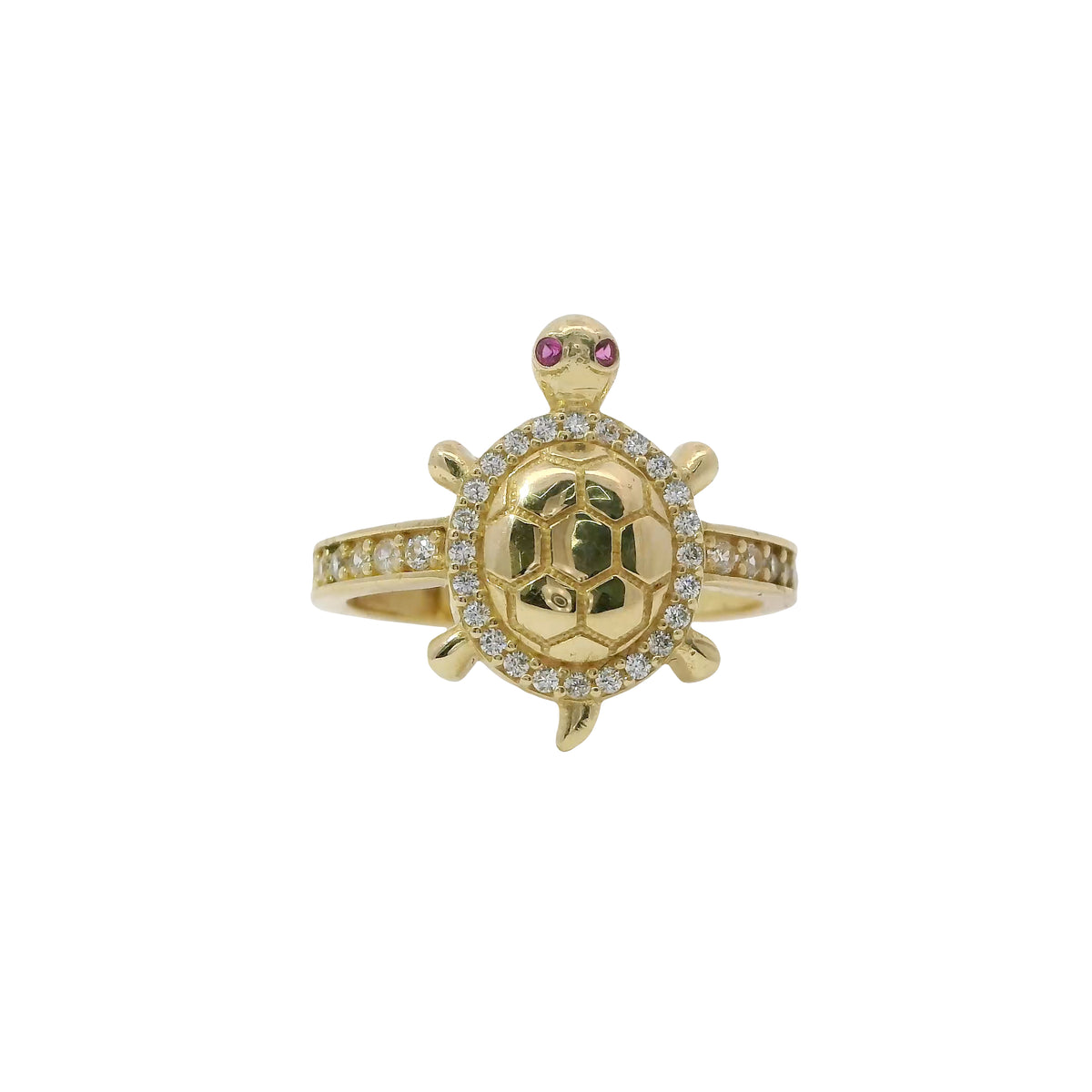 14KT Gold Ring Women's Mini Plain Shell Turtle White CZ Stones Border and Band with Pink CZ Eyes