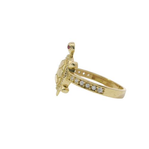 14KT Gold Ring Women's Mini Plain Shell Turtle White CZ Stones Border and Band with Pink CZ Eyes