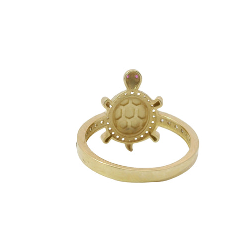 14KT Gold Ring Women's Mini Plain Shell Turtle White CZ Stones Border and Band with Pink CZ Eyes