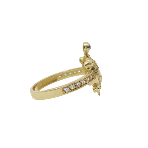 14KT Gold Ring Women's Mini Plain Shell Turtle White CZ Stones Border and Band with Pink CZ Eyes