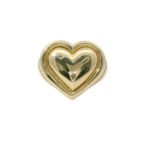 14KT Gold Ring Women's Plain Puff Heart with Plain Puff Heart Border White CZ Stones Edge Plain Band