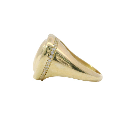 14KT Gold Ring Women's Plain Puff Heart with Plain Puff Heart Border White CZ Stones Edge Plain Band