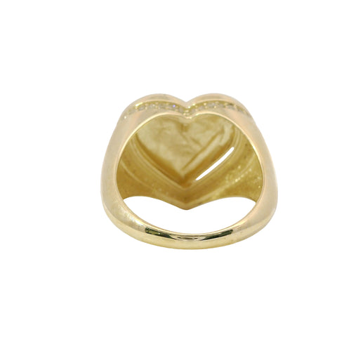 14KT Gold Ring Women's Plain Puff Heart with Plain Puff Heart Border White CZ Stones Edge Plain Band