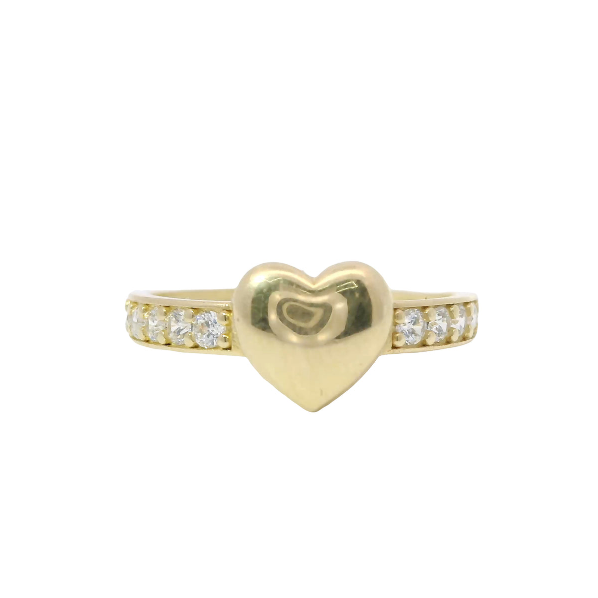 14KT Gold Ring Women's Mini Plain Puff Heart Center with White CZ Stones Band