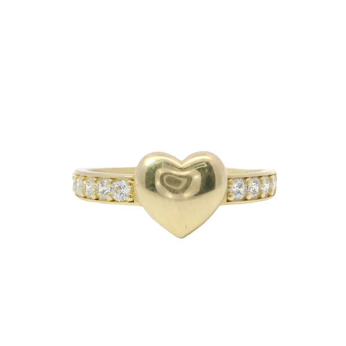 14KT Gold Ring Women's Mini Plain Puff Heart Center with White CZ Stones Band