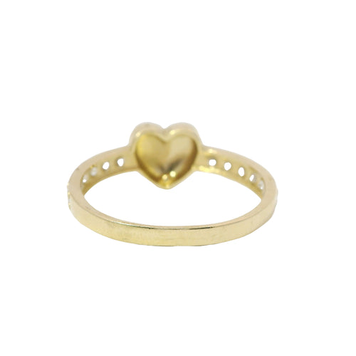 14KT Gold Ring Women's Mini Plain Puff Heart Center with White CZ Stones Band