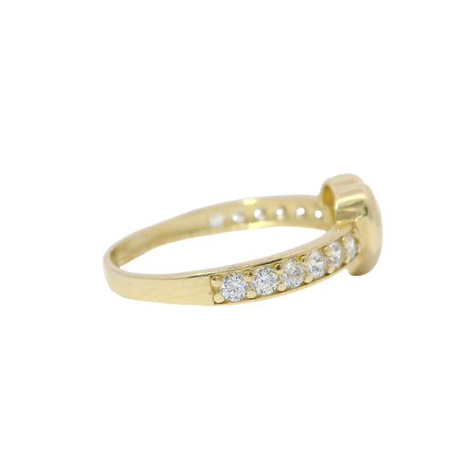 14KT Gold Ring Women's Mini Plain Puff Heart Center with White CZ Stones Band