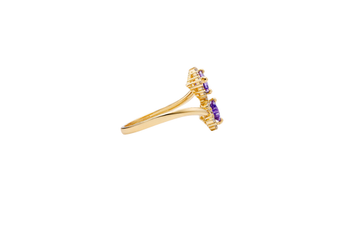 14KT Gold Ring Women's Two Purple Heart CZ Center Stones with White CZ Stones Border Plain Bypass Band