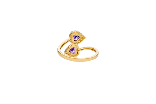 14KT Gold Ring Women's Two Purple Heart CZ Center Stones with White CZ Stones Border Plain Bypass Band