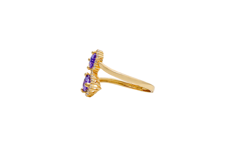 14KT Gold Ring Women's Two Purple Heart CZ Center Stones with White CZ Stones Border Plain Bypass Band