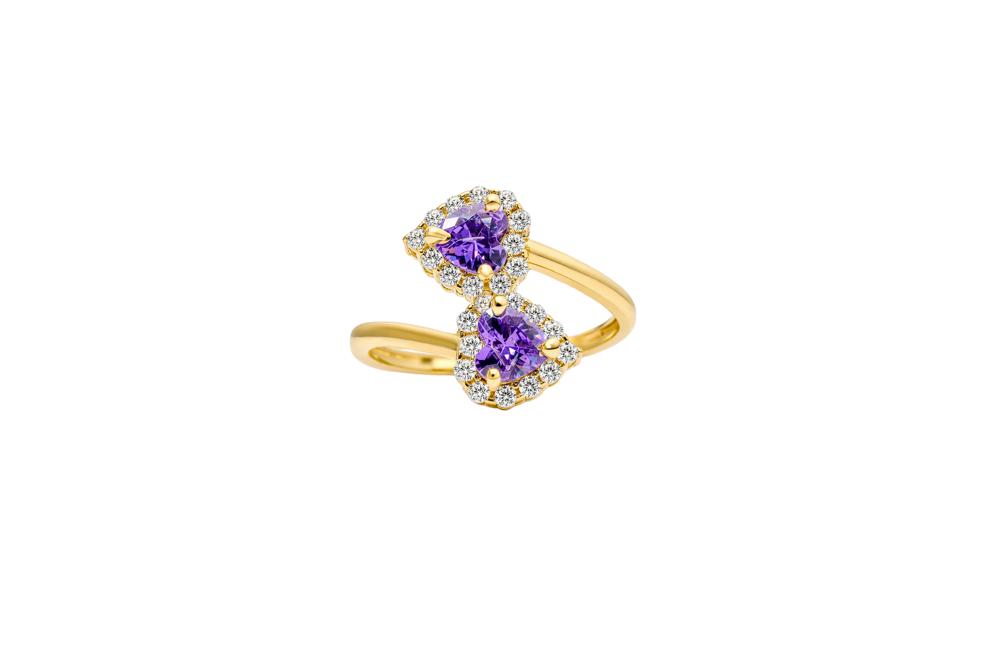 14KT Gold Ring Women's Two Purple Heart CZ Center Stones with White CZ Stones Border Plain Bypass Band