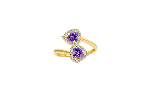 14KT Gold Ring Women's Two Purple Heart CZ Center Stones with White CZ Stones Border Plain Bypass Band