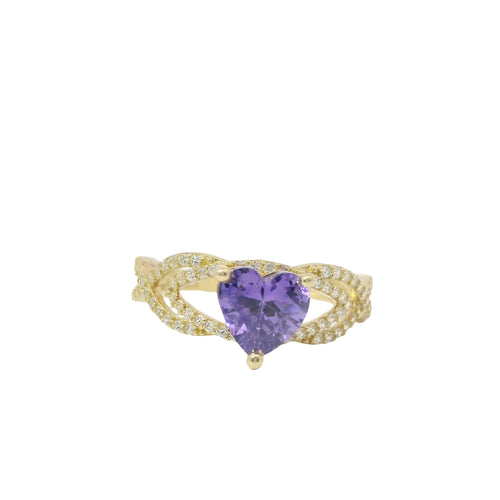 14KT Gold Ring Women's Purple Heart Shape Halo Center CZ Stone White CZ Stone Helix Open Band