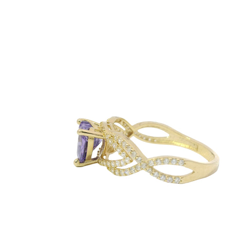 14KT Gold Ring Women's Purple Heart Shape Halo Center CZ Stone White CZ Stone Helix Open Band