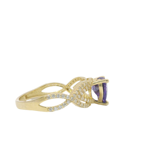 14KT Gold Ring Women's Purple Heart Shape Halo Center CZ Stone White CZ Stone Helix Open Band