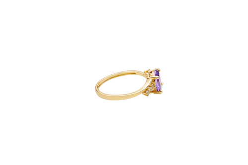 14KT Gold Ring Women's Purple Oval Center CZ Stone with 3 High/Low Round White CZ Stones Shoulders and Plain Band