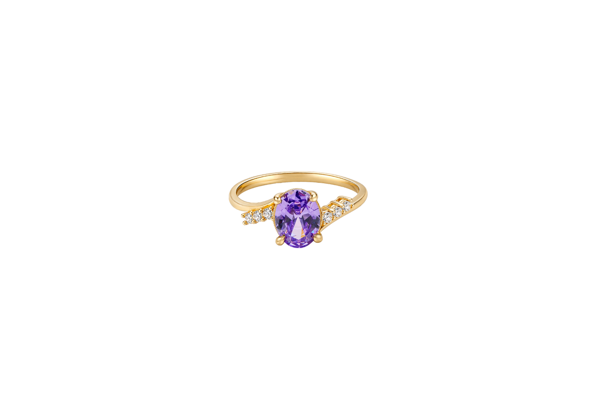 14KT Gold Ring Women's Purple Oval Center CZ Stone with 3 High/Low Round White CZ Stones Shoulders and Plain Band