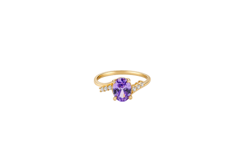 14KT Gold Ring Women's Purple Oval Center CZ Stone with 3 High/Low Round White CZ Stones Shoulders and Plain Band