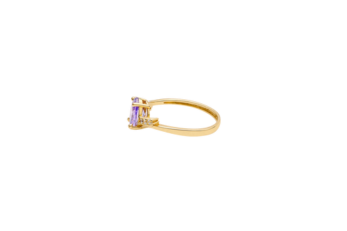 14KT Gold Ring Women's Purple Oval Center CZ Stone with 3 High/Low Round White CZ Stones Shoulders and Plain Band
