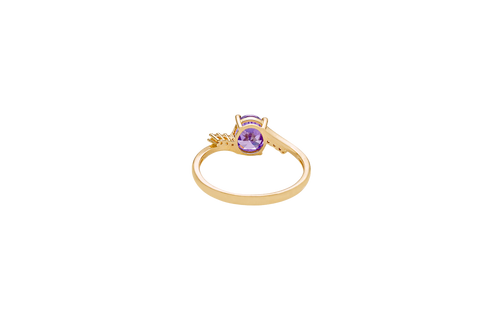 14KT Gold Ring Women's Purple Oval Center CZ Stone with 3 High/Low Round White CZ Stones Shoulders and Plain Band