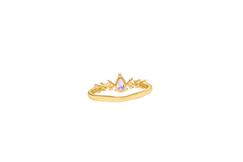 14KT Gold Ring Women's Purple Pear CZ Center 3 Round White CZ Stones Shoulders Plain Band