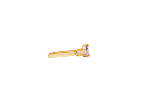 14KT Gold Ring Women's Purple Pear CZ Center 3 Round White CZ Stones Shoulders Plain Band